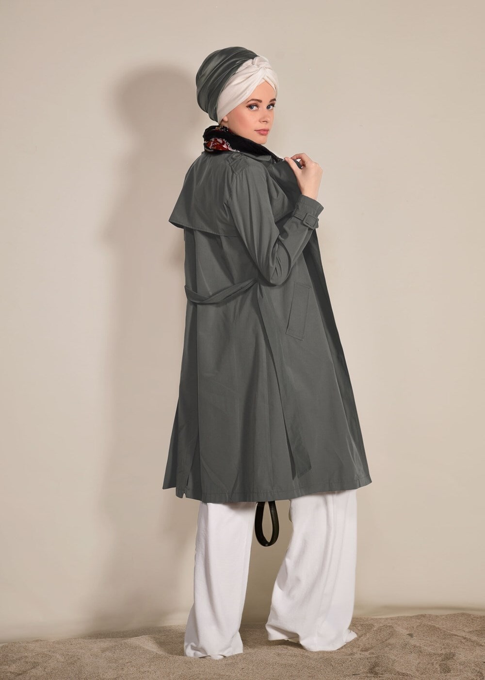 Hijab clothing KHAKI Double Breasted Collar Pocket Detailed Trench Coat T 0876 