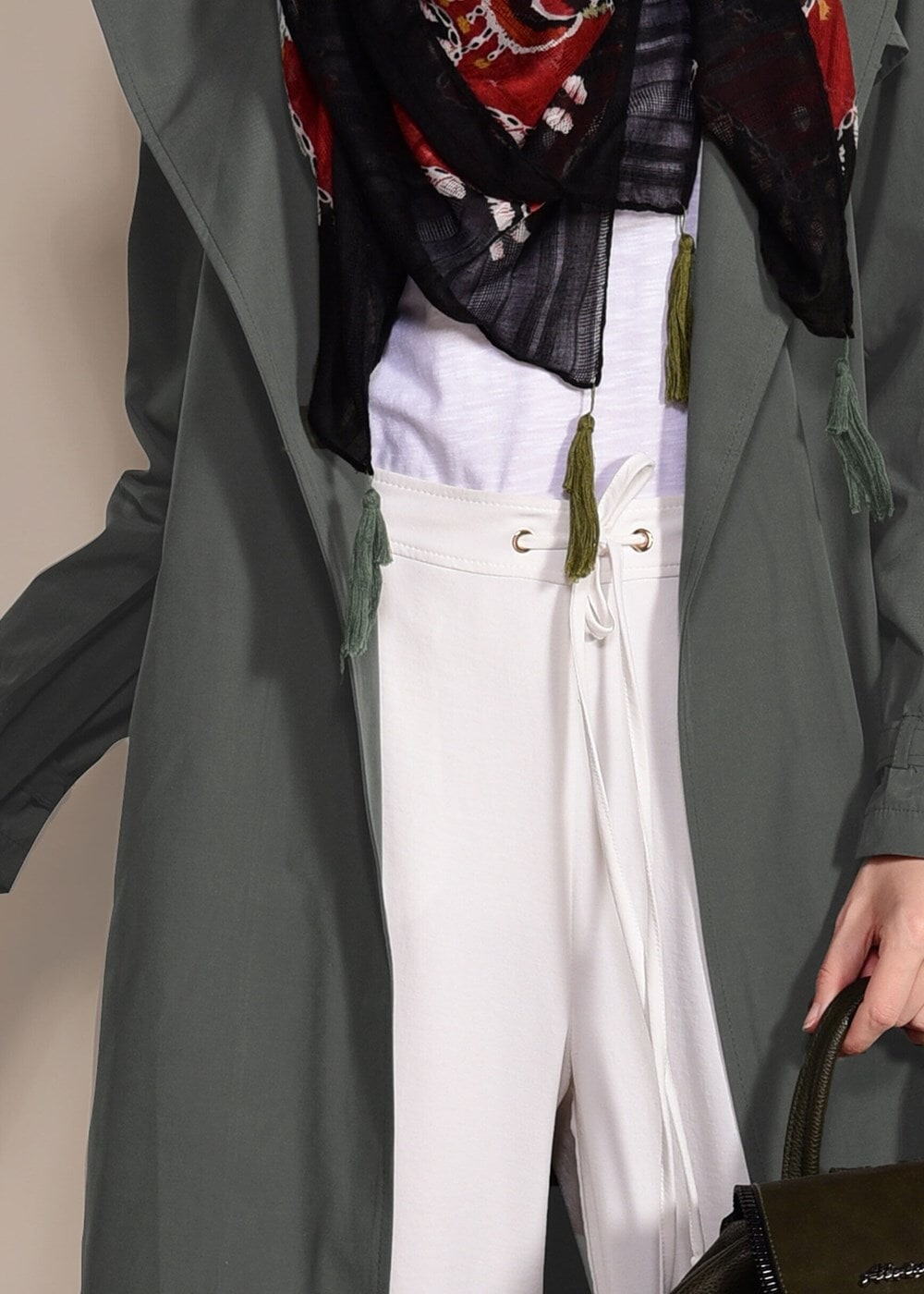 Hijab clothing KHAKI Double Breasted Collar Pocket Detailed Trench Coat T 0876 