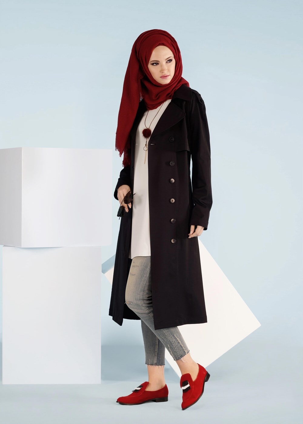 Tesettür giyim SİYAH KRUVAZE BELİ KUŞAKLI TRENÇKOT 1019 