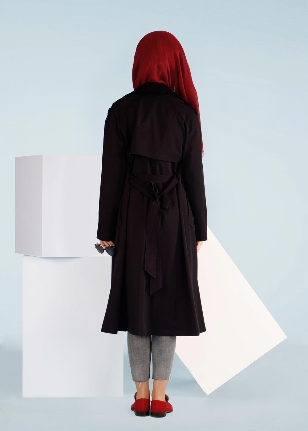 Tesettür giyim SİYAH KRUVAZE BELİ KUŞAKLI TRENÇKOT 1019 