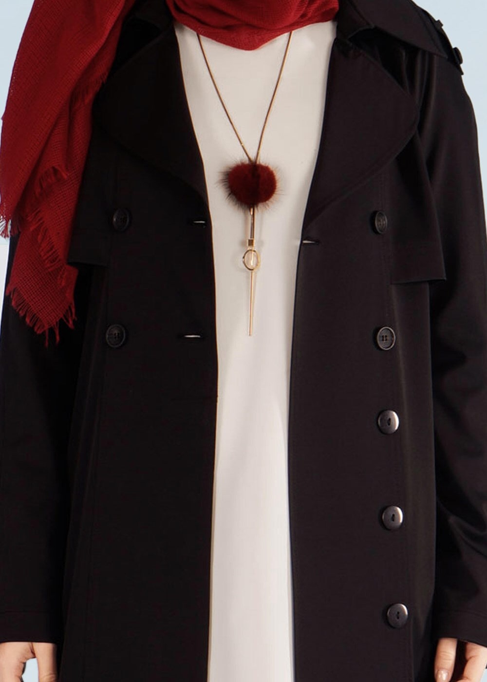 Tesettür giyim SİYAH KRUVAZE BELİ KUŞAKLI TRENÇKOT 1019 