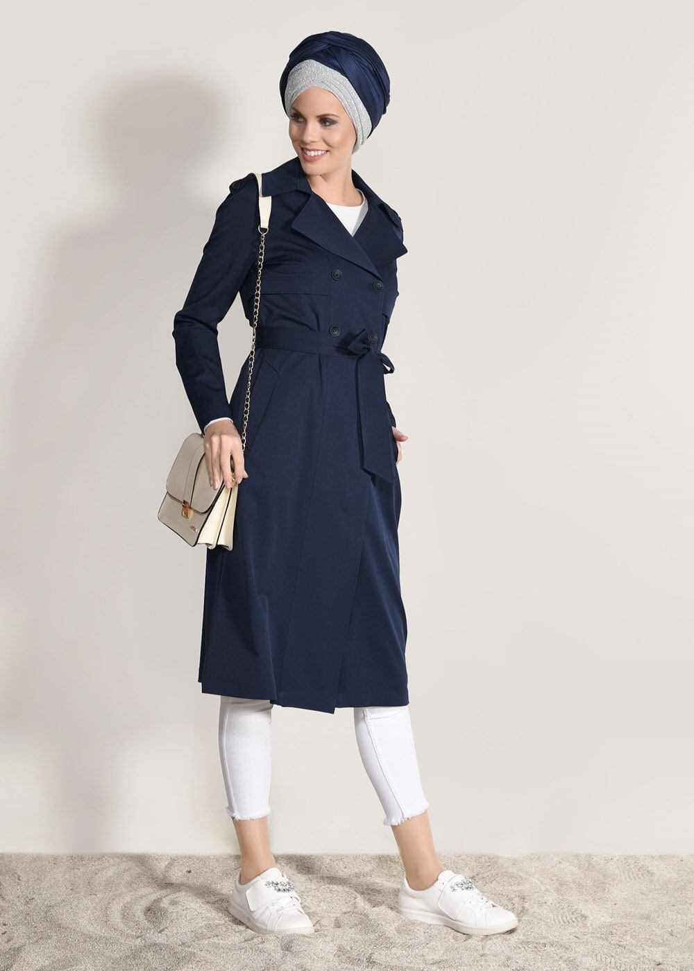 Tesettür giyim LACİVERT KRUVAZE BELİ KUŞAKLI TRENÇKOT 1019 