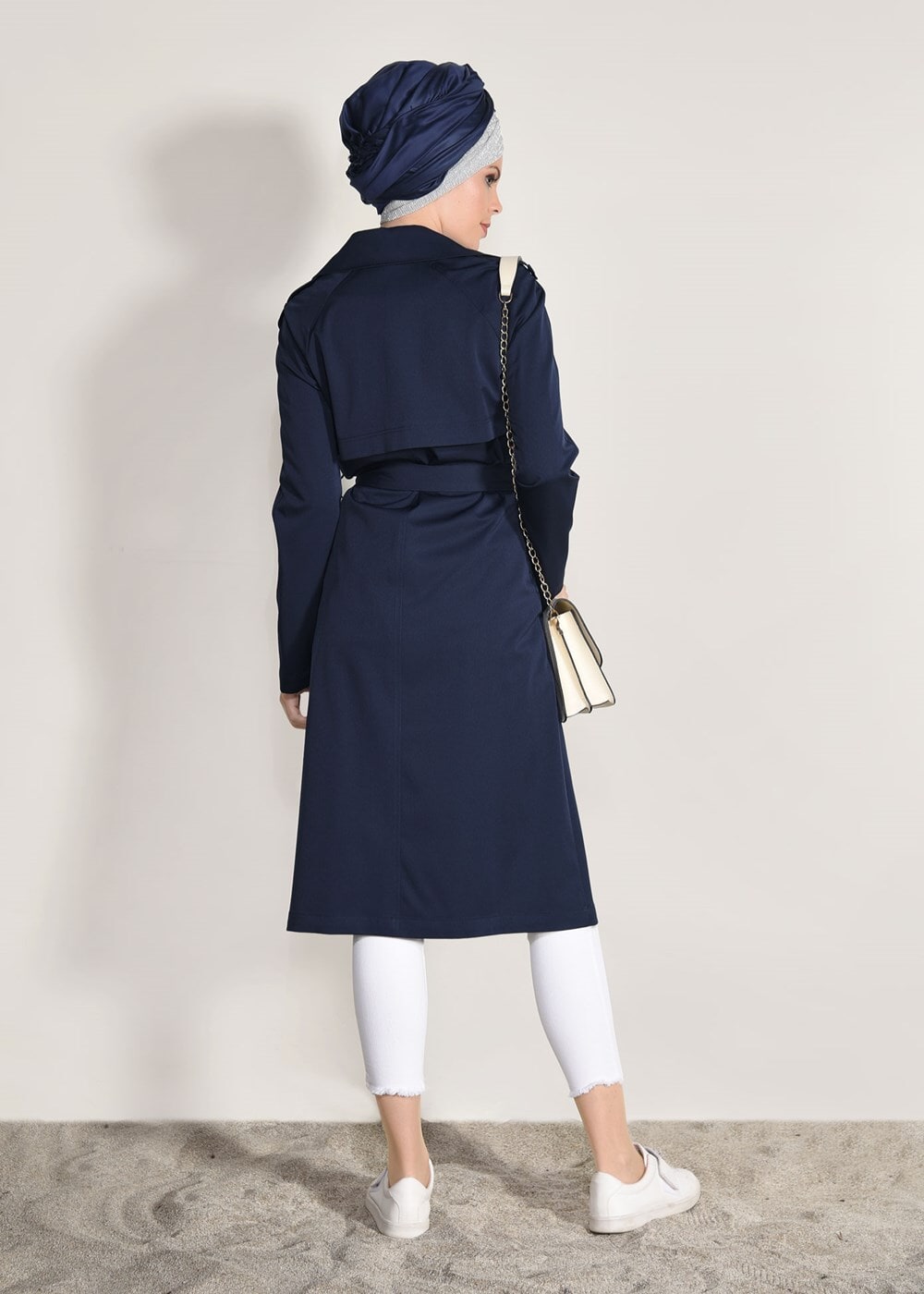 Tesettür giyim LACİVERT KRUVAZE BELİ KUŞAKLI TRENÇKOT 1019 