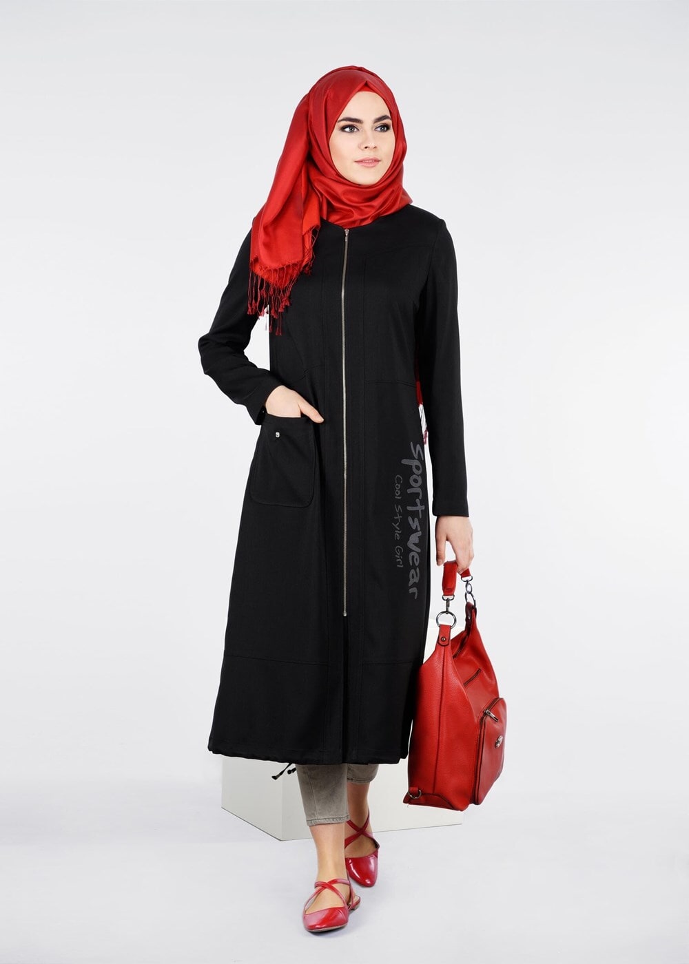 Tesettür giyim SİYAH BASKI DETAYLI FERMUARLI TRENÇKOT 1025 