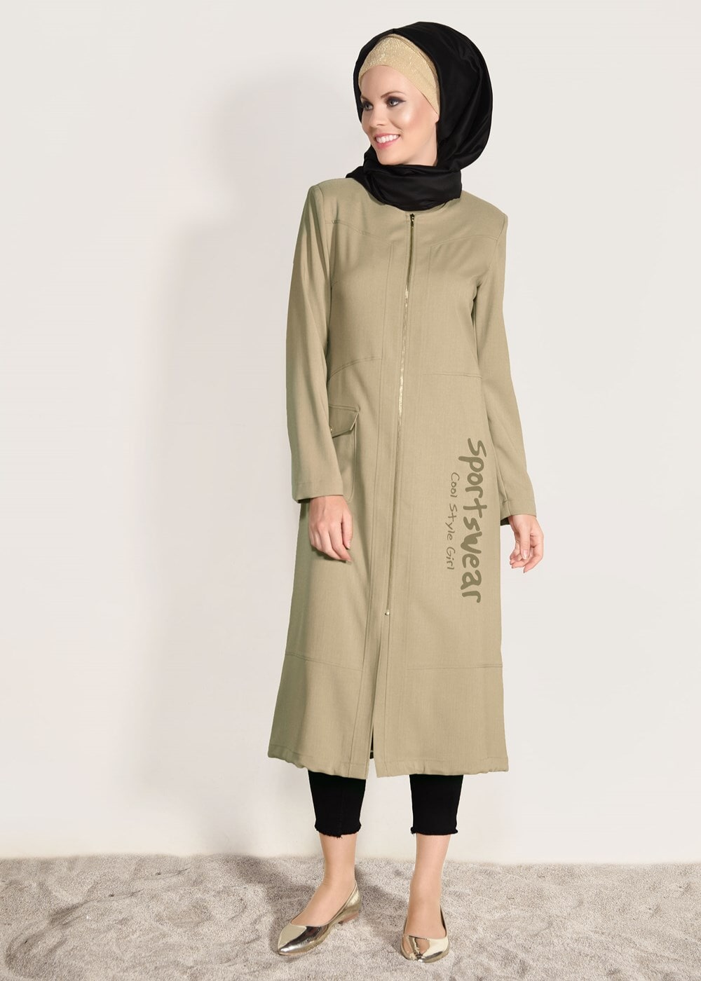 Tesettür giyim BEJ BASKI DETAYLI FERMUARLI TRENÇKOT 1025 