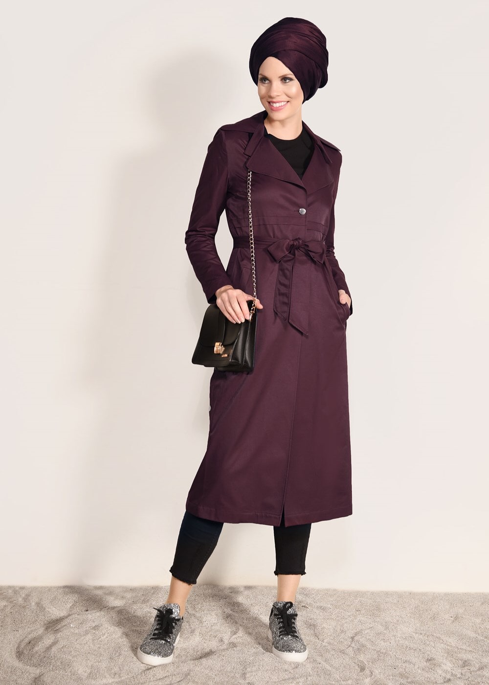 Tesettür giyim BORDO BELİ KUŞAKLI TRENÇKOT 1032 