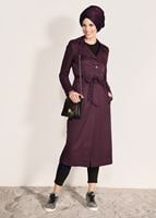 Tesettür giyim BORDO BELİ KUŞAKLI TRENÇKOT 1032 