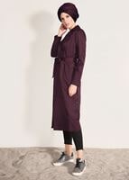 Tesettür giyim BORDO BELİ KUŞAKLI TRENÇKOT 1032 