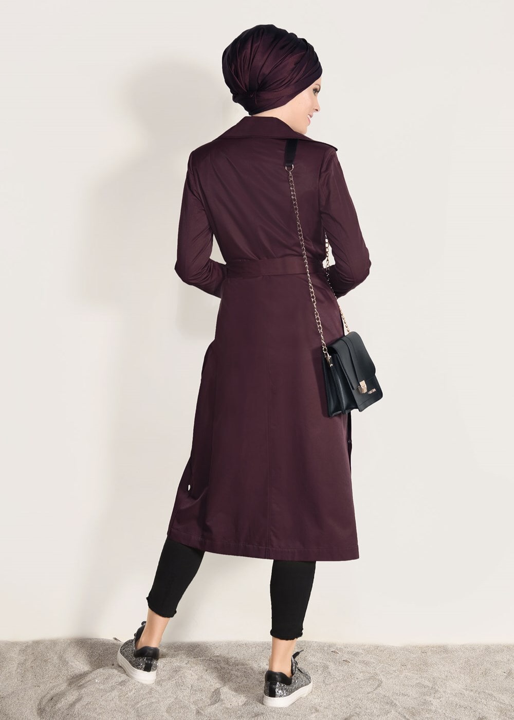 Tesettür giyim BORDO BELİ KUŞAKLI TRENÇKOT 1032 