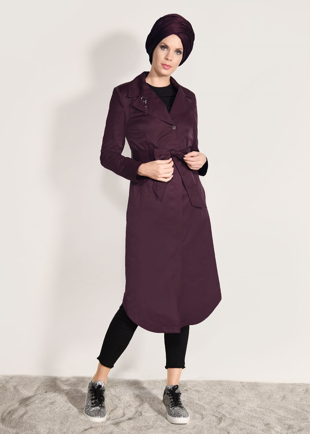 Tesettür giyim BORDO BELİ KUŞAKLI TRENÇKOT 1043 