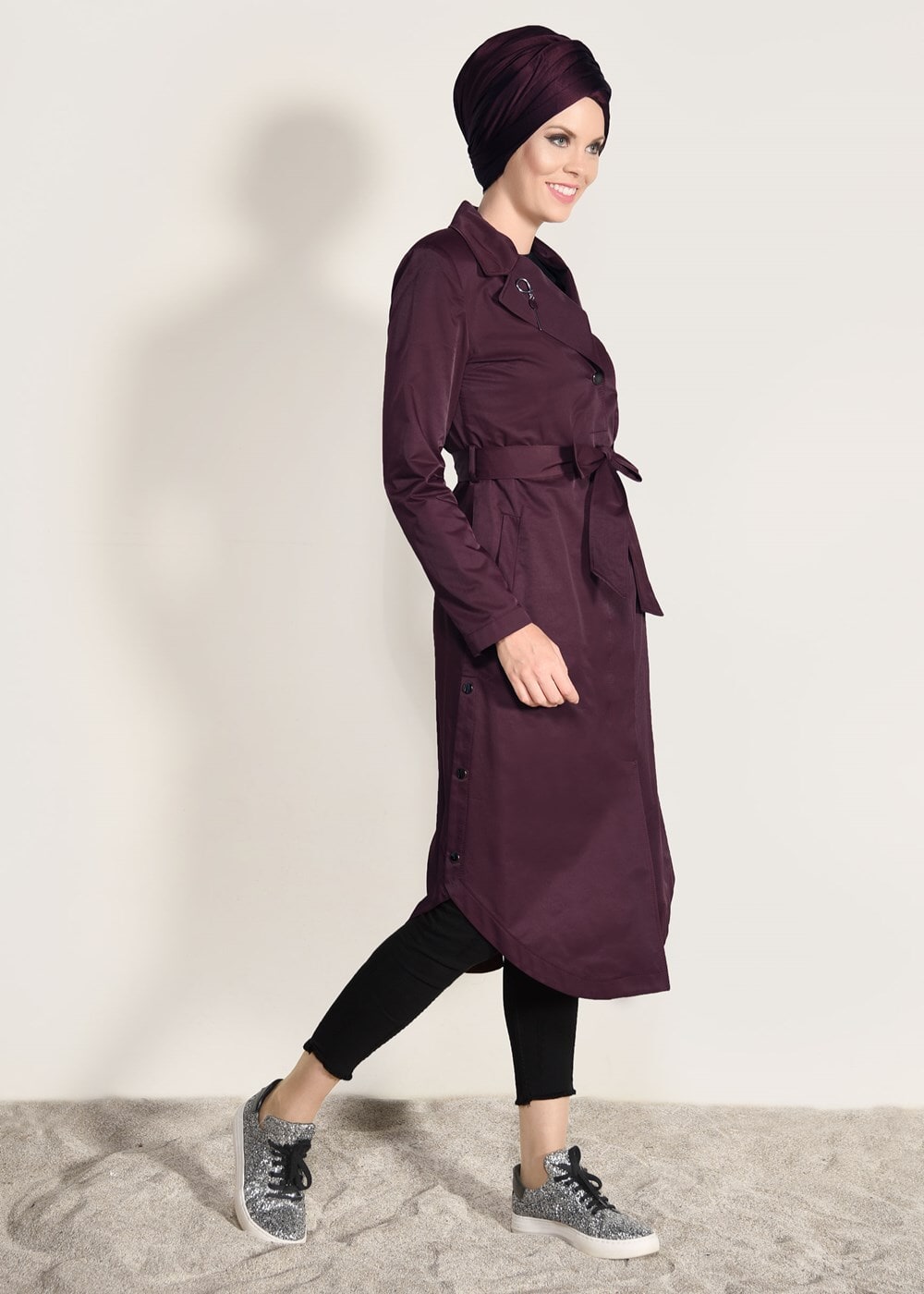 Tesettür giyim BORDO BELİ KUŞAKLI TRENÇKOT 1043 