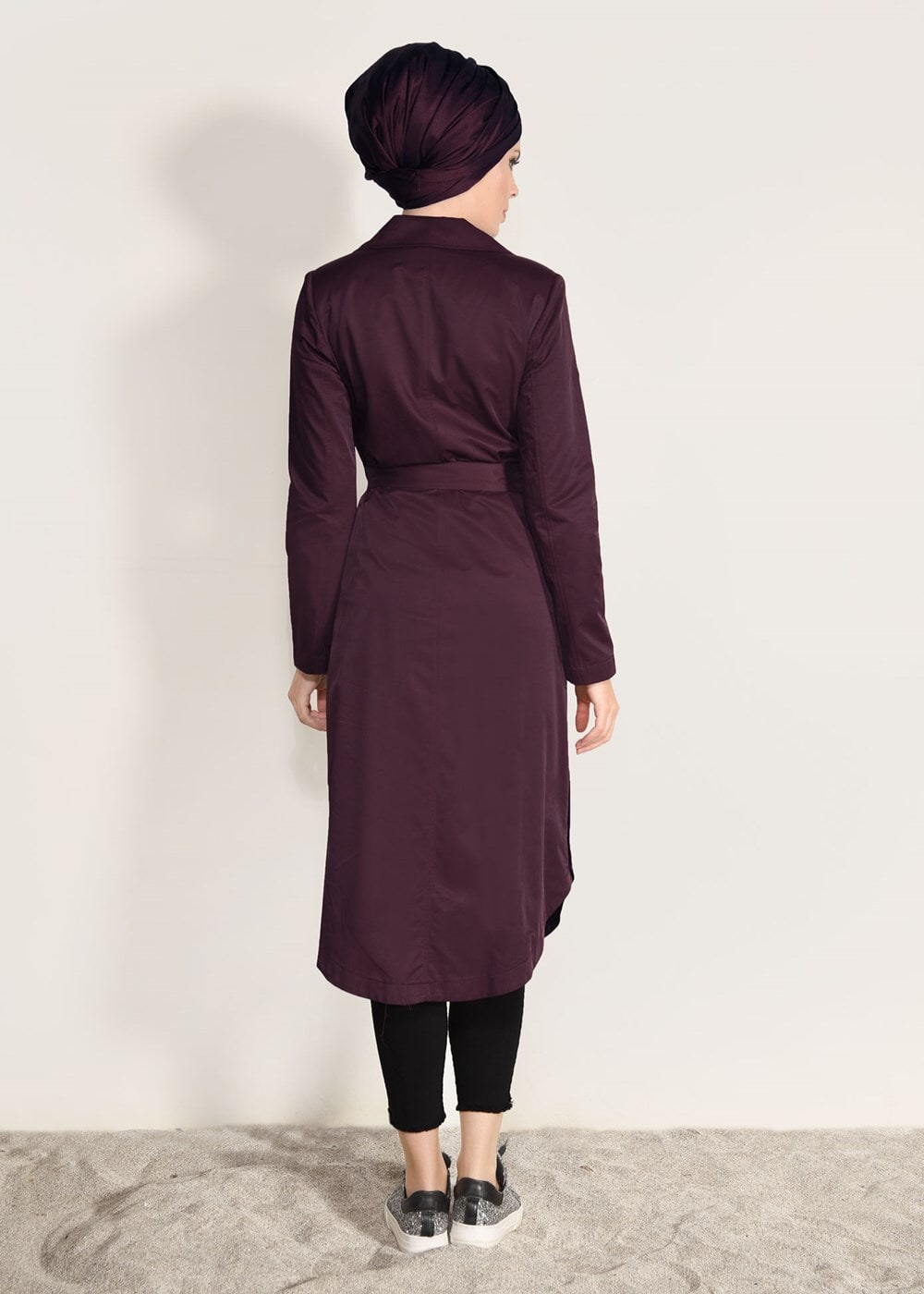 Tesettür giyim BORDO BELİ KUŞAKLI TRENÇKOT 1043 