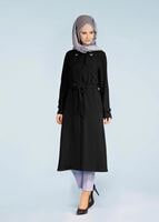 Tesettür giyim SİYAH BİLEKLERİ KEMER DETAYLI CEPLİ TRENÇKOT 1044