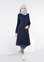 Tesettür giyim LACİVERT YAZILI ŞERİT DETAYLI TRENÇKOT 1104 