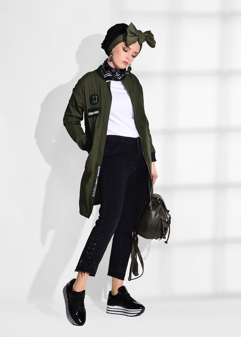 Tesettür giyim HAKİ T 1208 Lvr-Arma Detaylı Trençkot