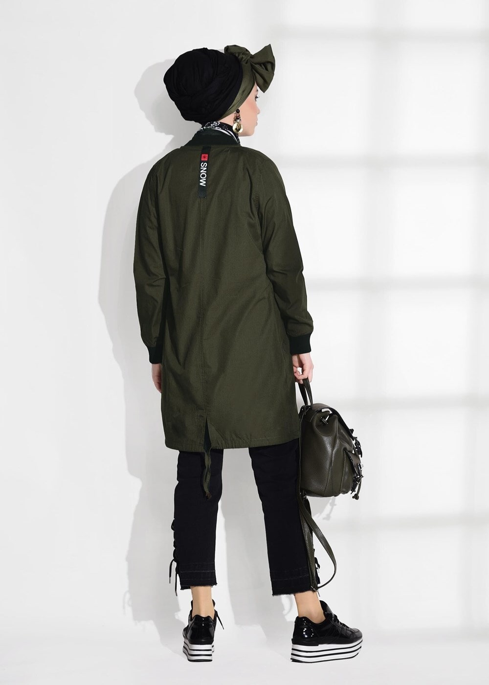 Tesettür giyim HAKİ T 1208 Lvr-Arma Detaylı Trençkot