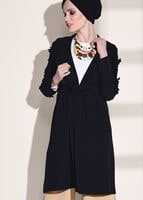 Tesettür giyim SİYAH T 1358 ModaBu- Lazer Kesimli Kuşak Detaylı Trençkot