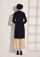 Tesettür giyim SİYAH T 1358 ModaBu- Lazer Kesimli Kuşak Detaylı Trençkot