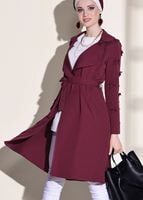 Tesettür giyim BORDO T 1358 ModaBu- Lazer Kesimli Kuşak Detaylı Trençkot