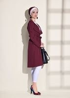 Tesettür giyim BORDO T 1358 ModaBu- Lazer Kesimli Kuşak Detaylı Trençkot