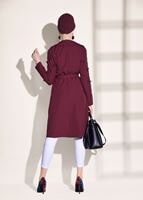 Tesettür giyim BORDO T 1358 ModaBu- Lazer Kesimli Kuşak Detaylı Trençkot