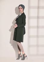 Tesettür giyim HAKİ T 1358 ModaBu- Lazer Kesimli Kuşak Detaylı Trençkot