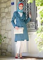 Tesettür giyim MAVİ T 1358 ModaBu- Lazer Kesimli Kuşak Detaylı Trençkot