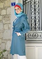 Tesettür giyim MAVİ T 1358 ModaBu- Lazer Kesimli Kuşak Detaylı Trençkot