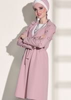 Tesettür giyim PUDRA T 1358 ModaBu- Lazer Kesimli Kuşak Detaylı Trençkot