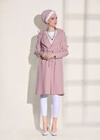 Tesettür giyim PUDRA T 1358 ModaBu- Lazer Kesimli Kuşak Detaylı Trençkot