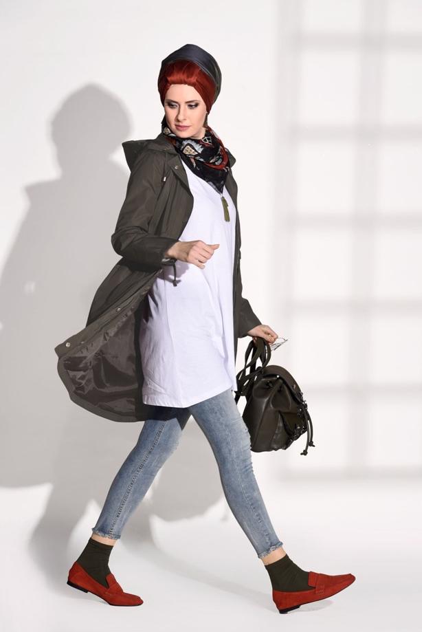 Tesettür giyim  BELDEN BAĞCIKLI KAPÜŞONLU TRENÇKOT T 2008 - TRENDTESETTÜR