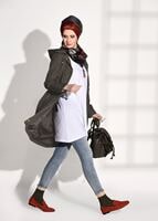 Tesettür giyim HAKİ BELDEN BAĞCIKLI KAPÜŞONLU TRENÇKOT T 2008