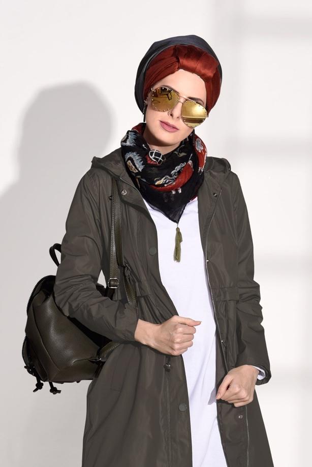 Tesettür giyim  BELDEN BAĞCIKLI KAPÜŞONLU TRENÇKOT T 2008 - TRENDTESETTÜR