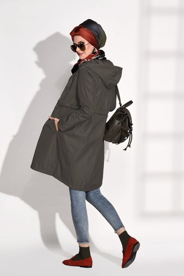 Tesettür giyim  BELDEN BAĞCIKLI KAPÜŞONLU TRENÇKOT T 2008 - TRENDTESETTÜR