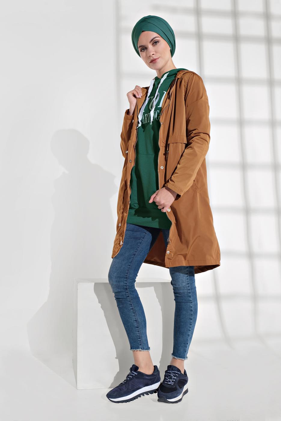 Hijab clothing BROWN LACE-UP HOODED TRENCHCOAT 2008  