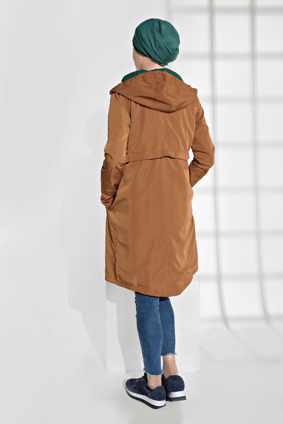 Hijab clothing BROWN LACE-UP HOODED TRENCHCOAT 2008  