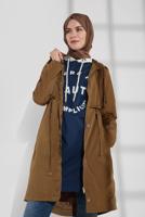 Tesettür giyim TABA BELDEN BAĞCIKLI KAPÜŞONLU TRENÇKOT T 2008