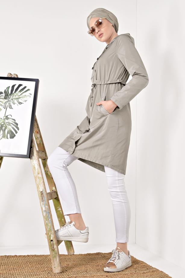 Tesettür giyim  BELDEN BAĞCIKLI KAPÜŞONLU TRENÇKOT T 2008 - TRENDTESETTÜR