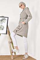 Tesettür giyim BEJ BELDEN BAĞCIKLI KAPÜŞONLU TRENÇKOT T 2008