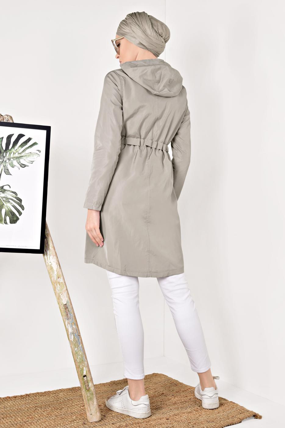 Tesettür giyim BEJ BELDEN BAĞCIKLI KAPÜŞONLU TRENÇKOT T 2008