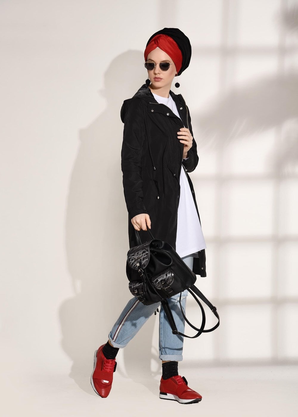 Tesettür giyim SİYAH CEP DETAYLI SPOR TRENÇKOT 3008