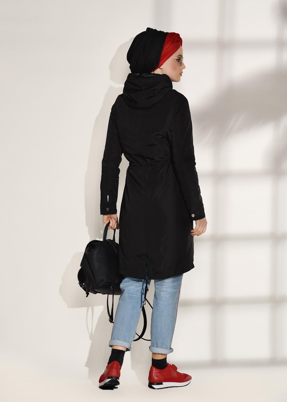 Hijab clothing BLACK Pocket Detailed Sport Trench Coat T 3008