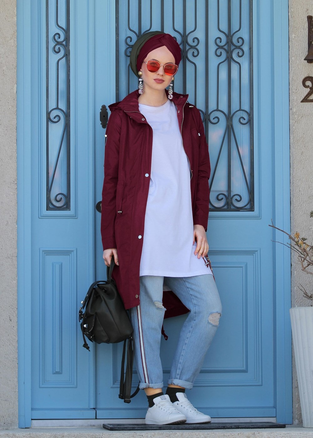 Hijab clothing CLARET RED Pocket Detailed Sport Trench Coat T 3008