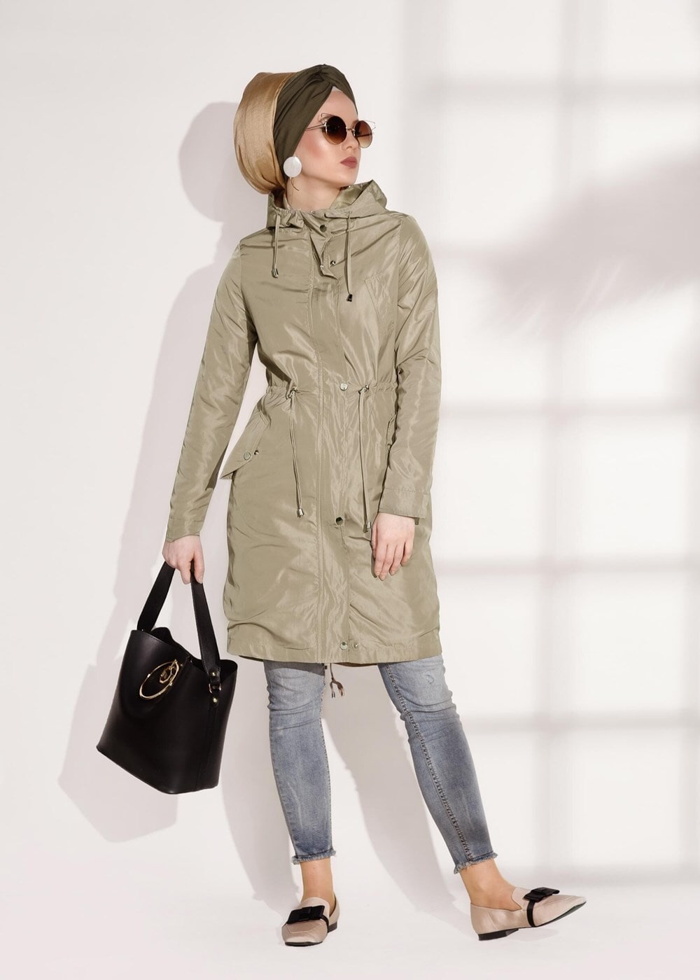 Tesettür giyim KAHVE CEP DETAYLI SPOR TRENÇKOT 3008