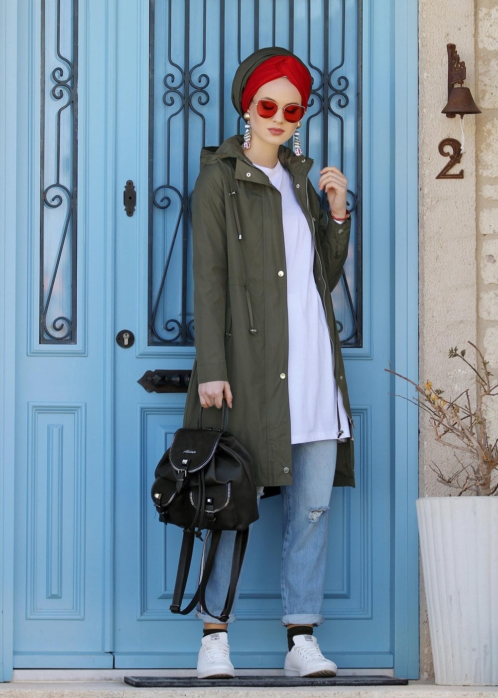 Hijab clothing KHAKI Pocket Detailed Sport Trench Coat T 3008