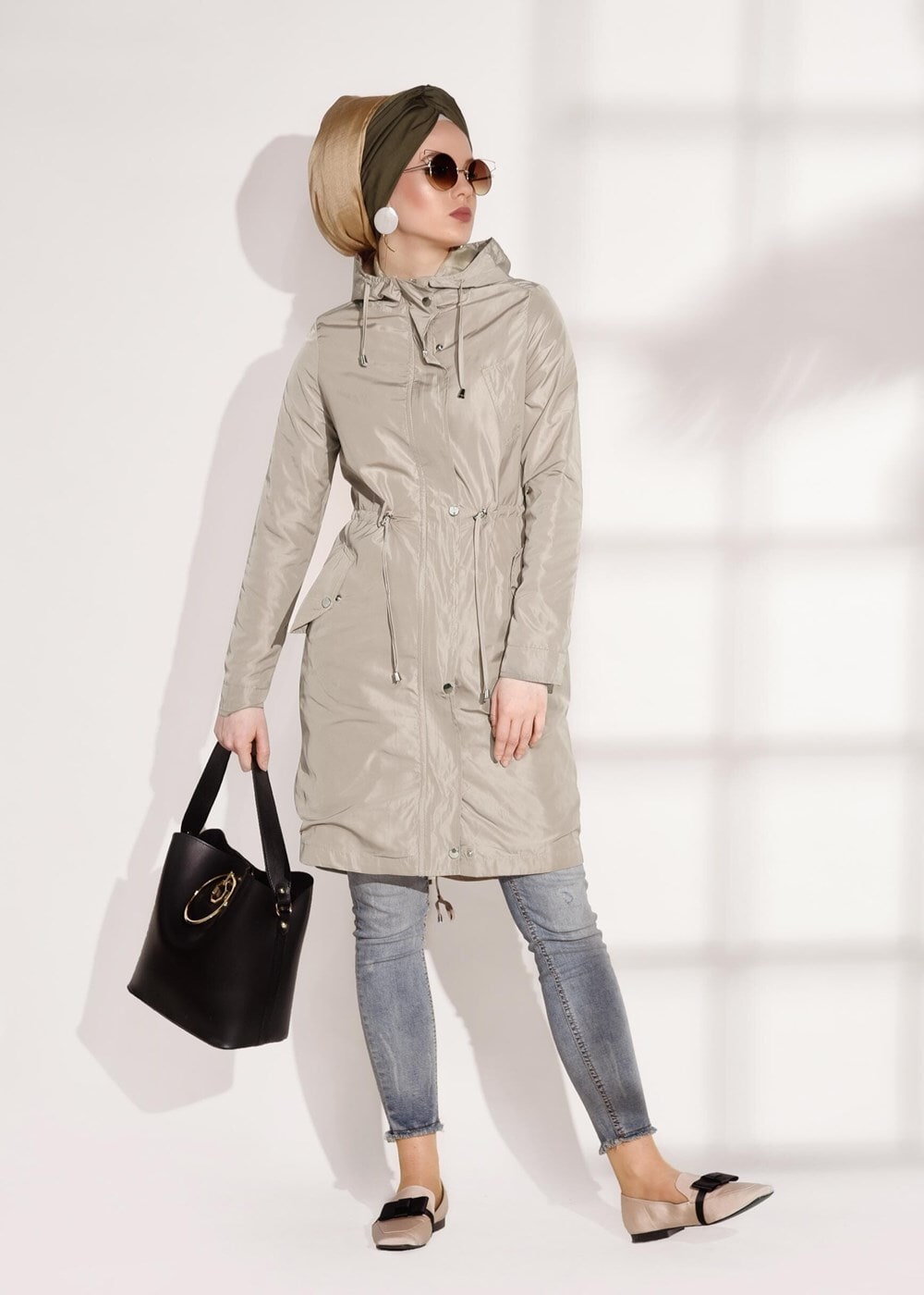 Hijab clothing BEIGE Pocket Detailed Sport Trench Coat T 3008