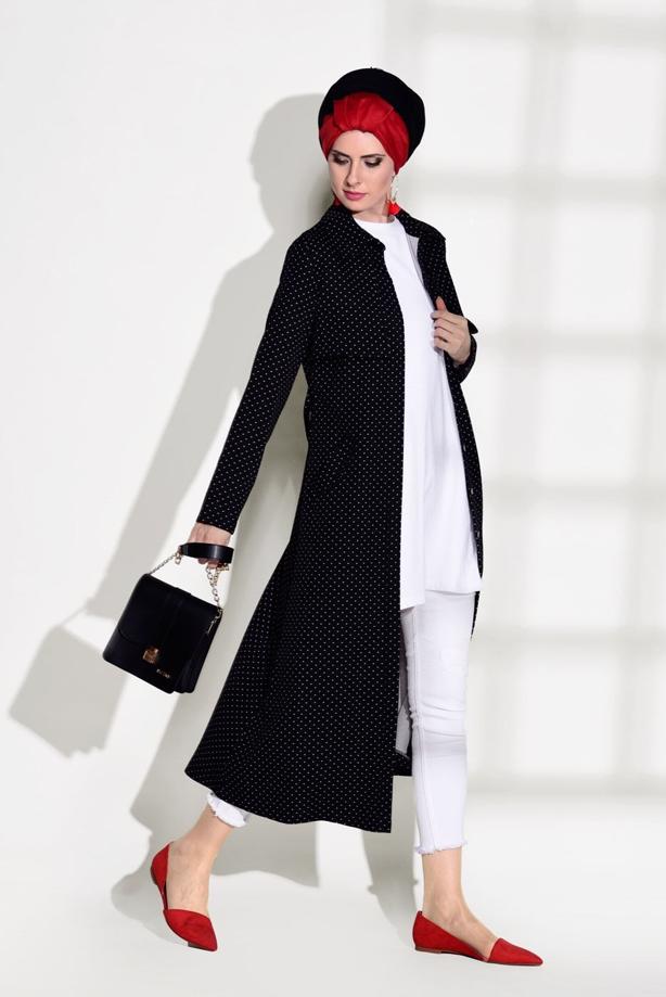 Vêtements hijab  SPOTTED BELTED TRENCH COAT 3307  - TRENDTESETTÜR