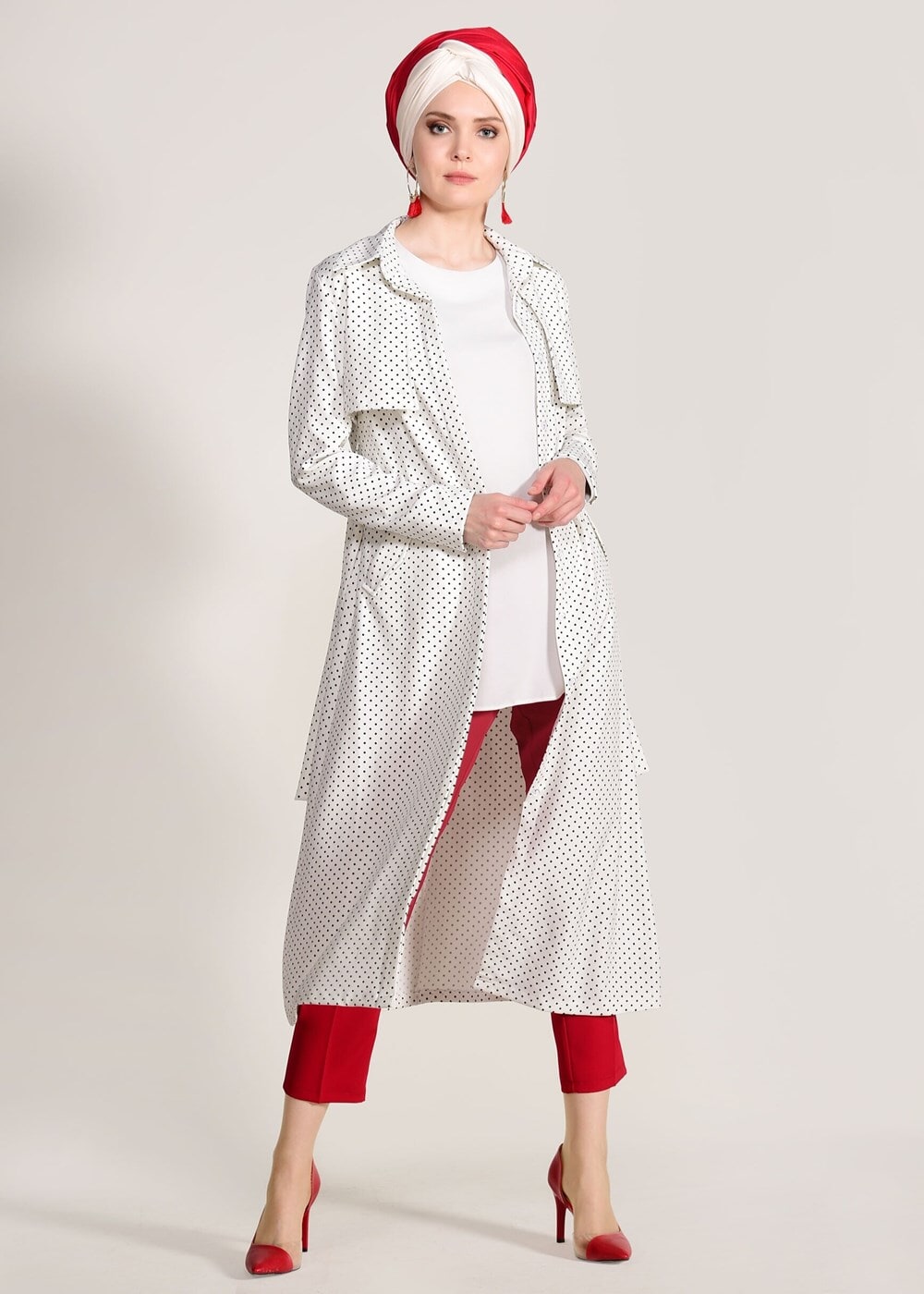 Vêtements hijab CRÈME TRENCH-COAT CEINTURÉ À TAILLE POINTUE 3307 