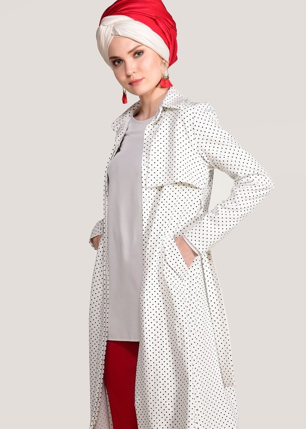 Vêtements hijab CRÈME TRENCH-COAT CEINTURÉ À TAILLE POINTUE 3307 