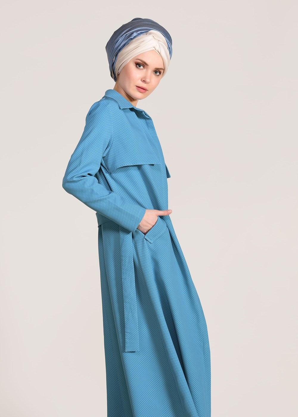 Vêtements hijab BLEU TRENCH-COAT CEINTURÉ À TAILLE POINTUE 3307 